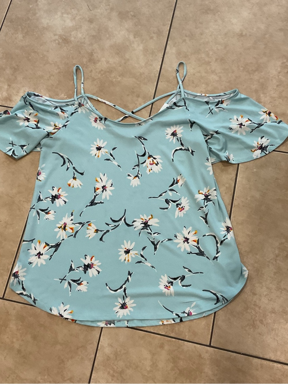 Romantic Cottagecore Floral Cold-Shoulder Crisscross Top - Light Blue